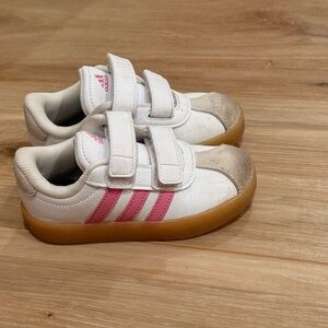 adidas Kids White Sneakers with Pink Stripes and Gum Sole